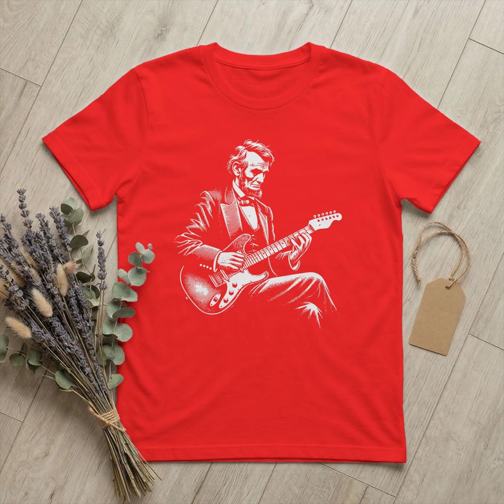Unisexs TShirts Abraham Lincoln Playing Electric Guitar Funny Vintage Cotton Tee Short Sleeve T Shirts Crewneck Merch Printing