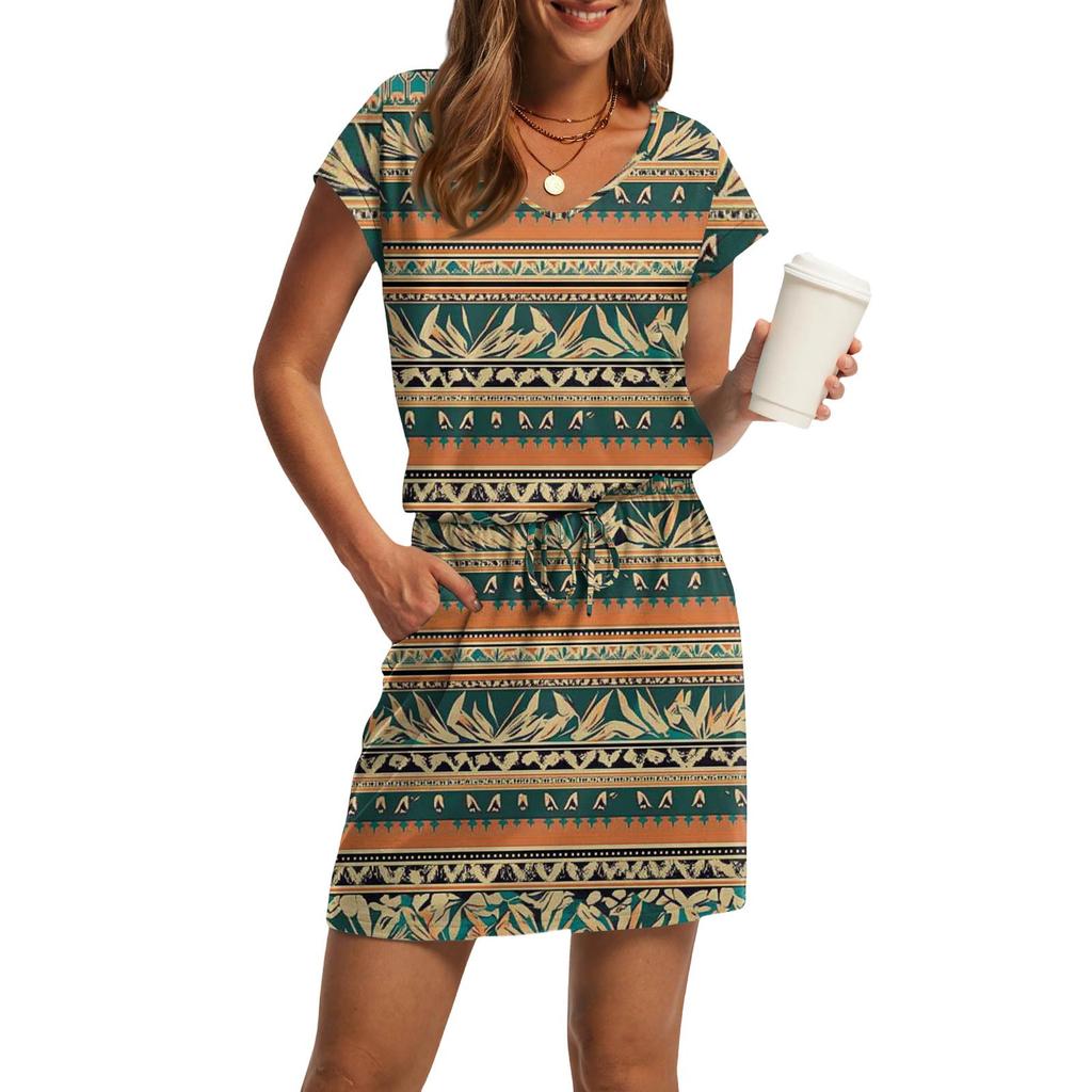 Damenmode V-Ausschnitt Kurzarm Kordelzug mit Tasche Bedruckte Freizeitkleider