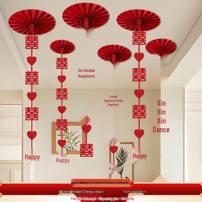 Wedding Décor: Double Happiness Paper Cut Ornaments for Ceiling and Walls, Festive Butterfly Pull Flowers for Bedrooms and Living Rooms