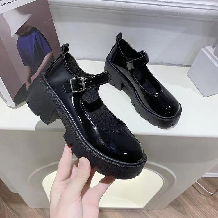 Small leather shoes women's spring new British college style bright leather high heels single shoes round head platform Mary Jane shoes women