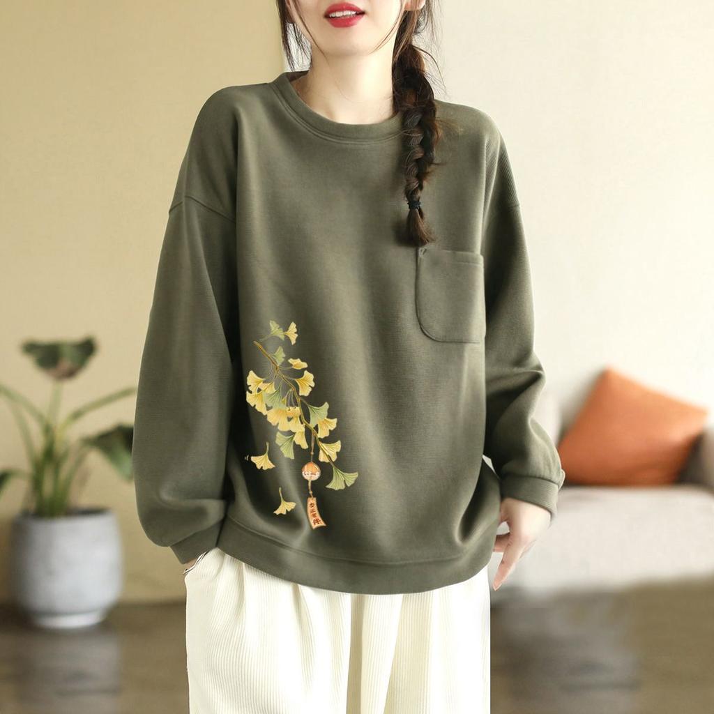 Pullover mit Tasche Sweatshirt Damen Herbst und Winter Neu Literarisch Westlicher Stil Vielseitiges Oberteil