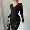 Womens V-Neck Long Sleeve Knit Midi Dress High Waist Fitted Sheath Winter Office Chic