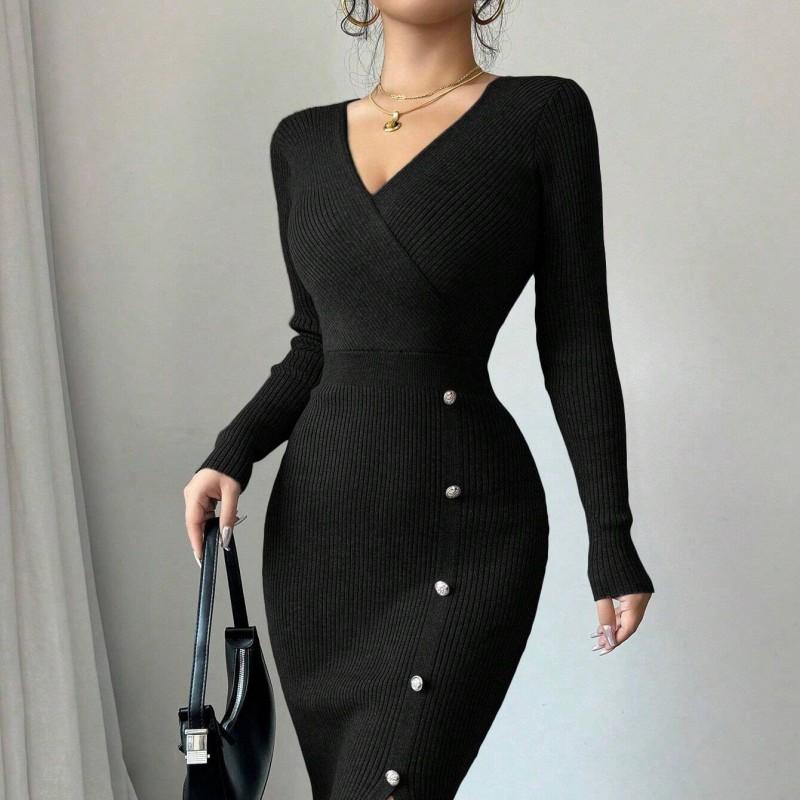 Womens V-Neck Long Sleeve Knit Midi Dress High Waist Fitted Sheath Winter Office Chic