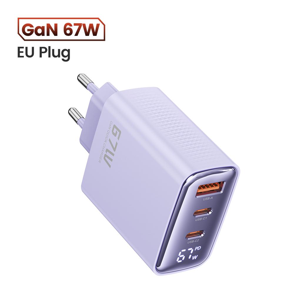 67W GaN Ladegerät 3-Port USB Typ C Schnellladeadapter Ladegerät Digitalanzeige Für iPhone Samsung Xiaomi EU US UK KR Stecker
