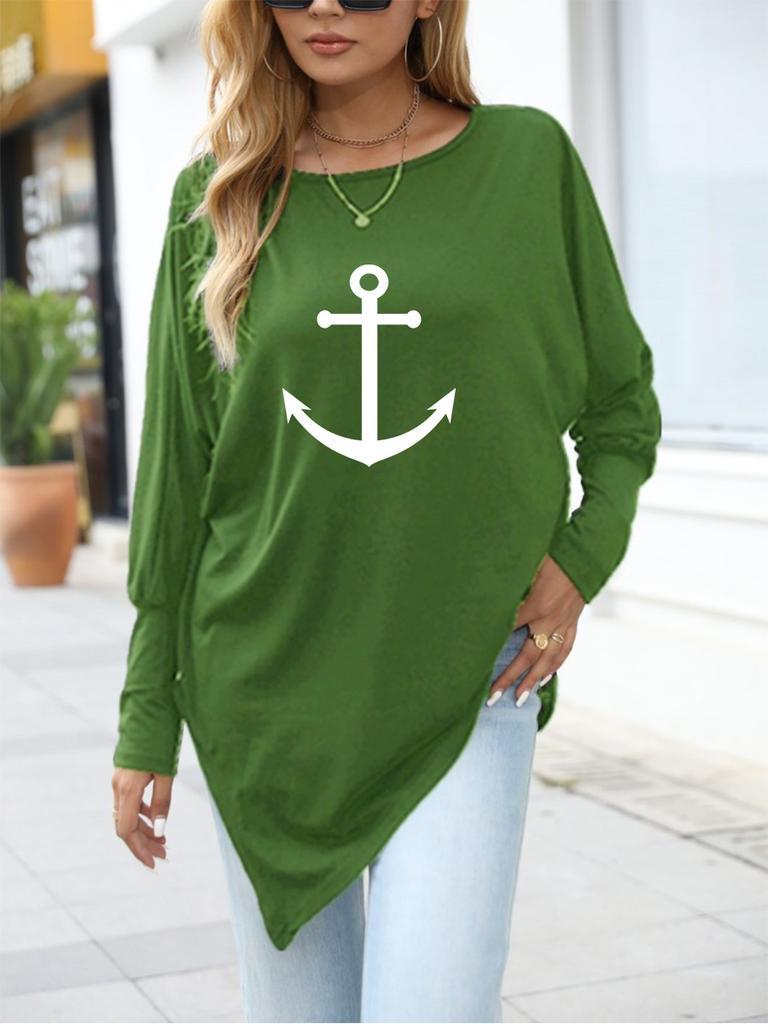 Women's Oversize Long-Sleeve Fashion Printed Logn Sleeve Top Spring/Fall Asymmetrical Hem T-Shirt