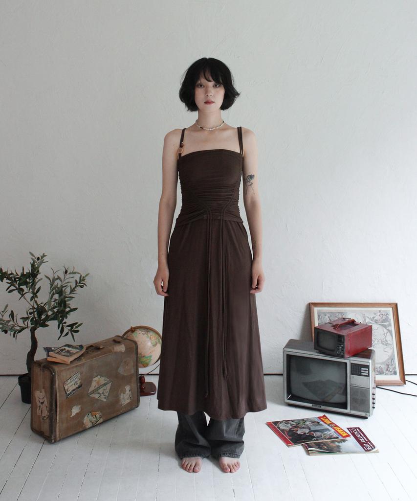 Rubati Shirred Strap Tube Top Dress_Brown