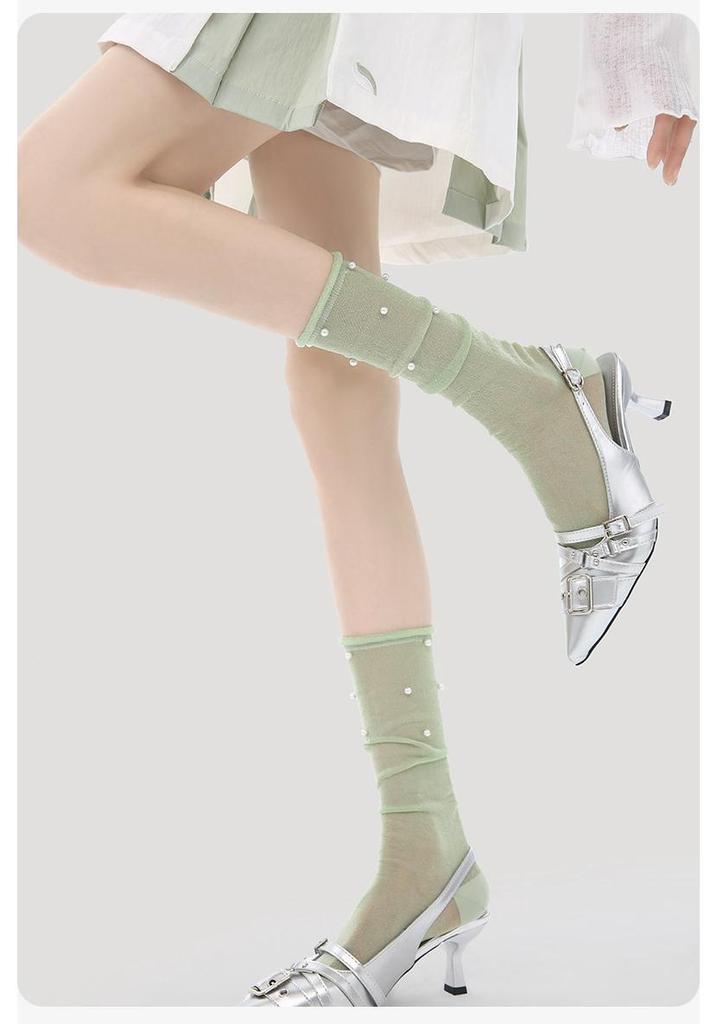 Renaissance Pearl Mid-Calf Women's Socks: Original Thin, Solid Color, Puffy Ins Style.