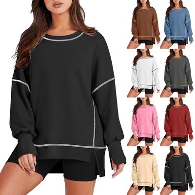 Women's Casual Loose Fitting Pullover Sweatshirt Solid Color Split Long Sleeved Sweatshirt