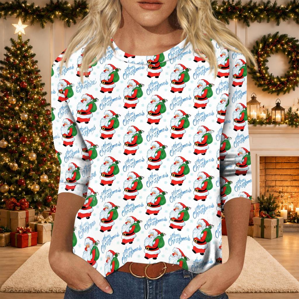 Women's Casual Christmas Print Three-Quarter Sleeve Neck Top