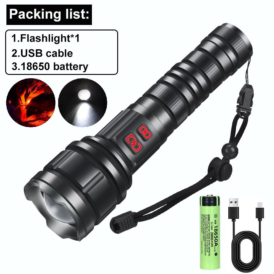 9900LM Powerul White Laser LED Flashlight 21700 Battery USB Charging Al Alloy Zoom Tactical Torch Outdoor Camping Hiking Lamp