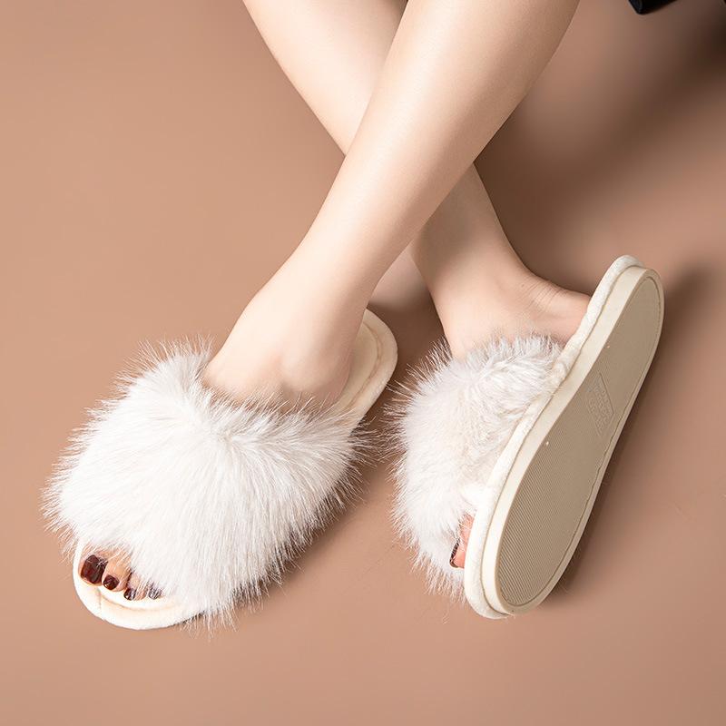 Ins Open Plush Slippers Home Less Plush Slippers Indoor European and American Plush Slippers