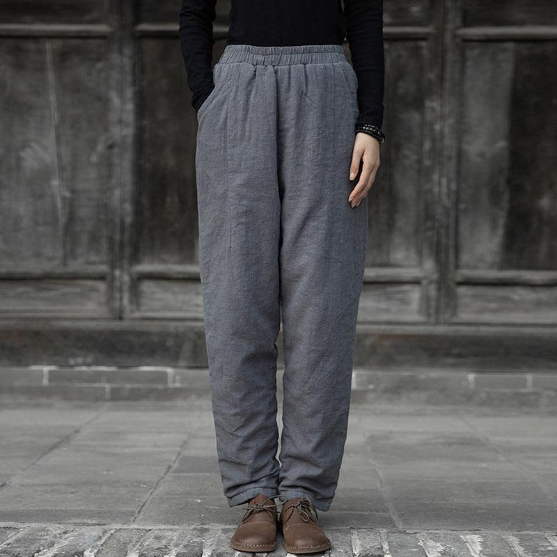 Johnature Frauen Baumwolle Leinen Casual Hosen Einfarbig Elastische Taille Gesteppte Warme Hosen Winter Vintage Dicke Hosen