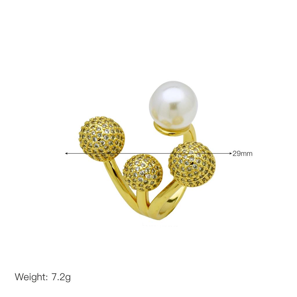 Round Ball Pearl Gold Plated Zirconium Open Ring Women'S Personality Light Luxury Premium Ring