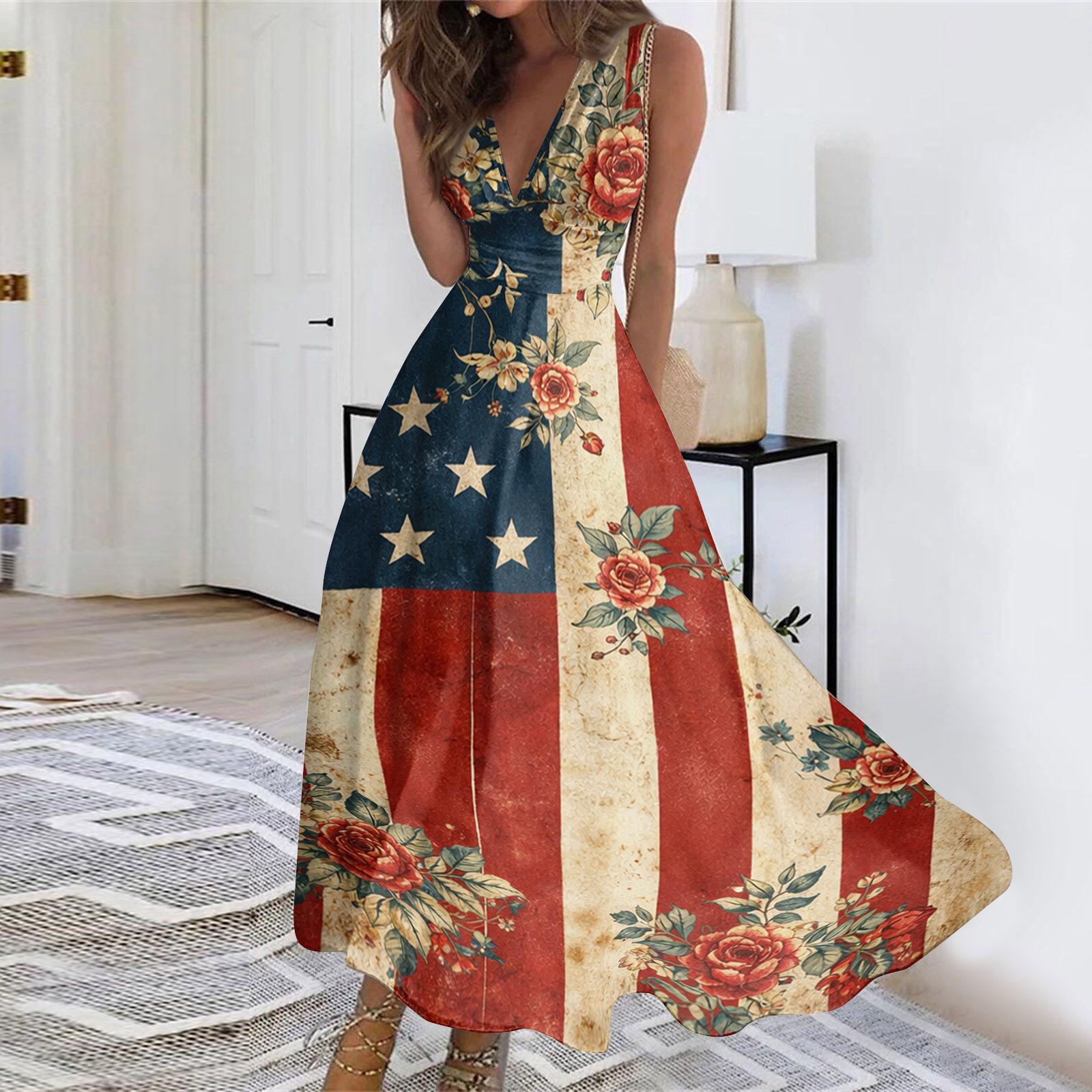 

Women’s Sleeveless V Neck Waist Tie Maxi Dress with Star and Floral Print for Casual Summer Independence Day Outfits L бежевый