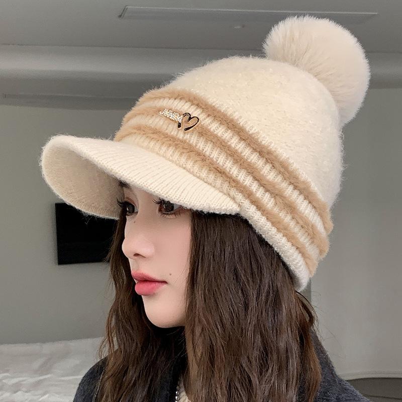 New Autumn and Winter Striped Hat Outdoor Plush Windproof Wool Hat Girl Hairball Ear Protector Knitted Cap