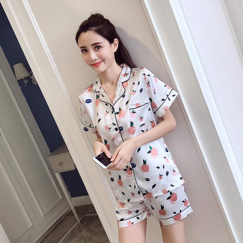 Short Sleeve Silk Pajama Sets Women 