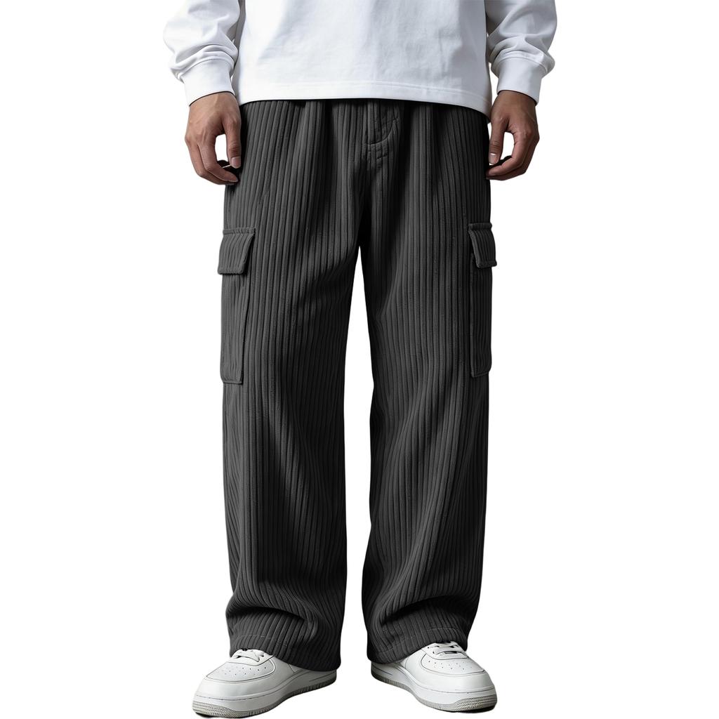 Men's Vintage Corduroy Pants with Vertical Stripes, Loose Fit Straight Leg Casual Work Trousers