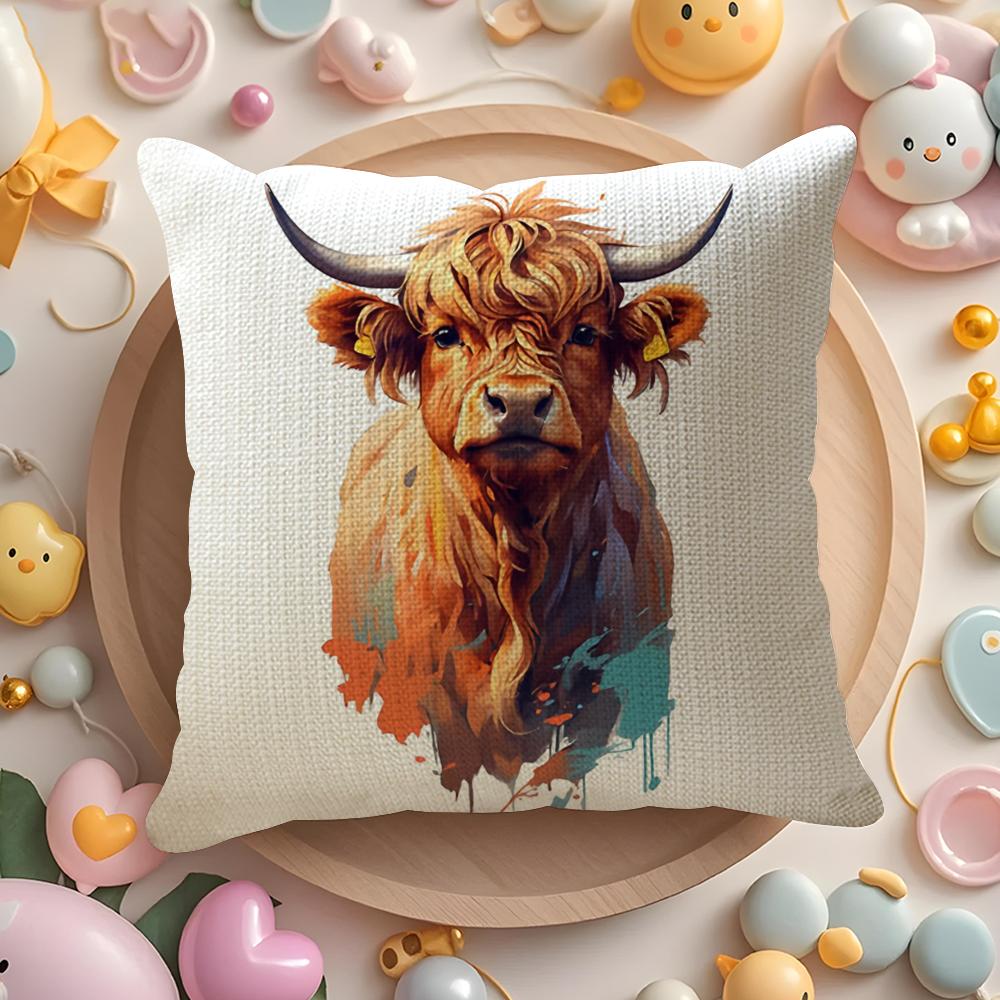 Highland cow and flower Cushion Cover Natural Linen Organic Fabric DoubleSided Printing Sofa Home Decor Gift Pillow Cover