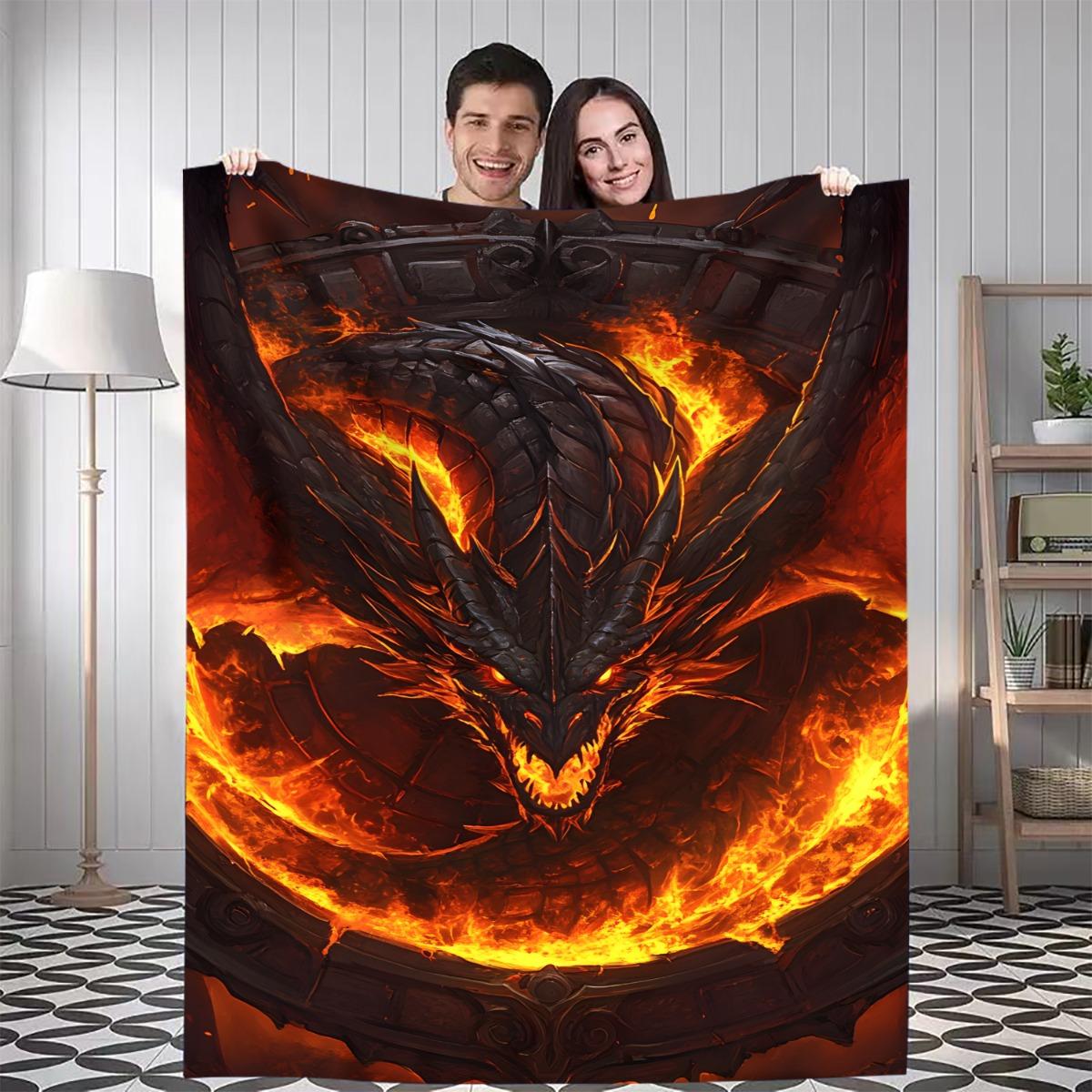 

1pc Dragon S Flame Digital Printed Design Blanket - All-Season Soft Flannel Throw with Vibrant Red & Orange Flame & Black Dragon 75x90cm28x35in