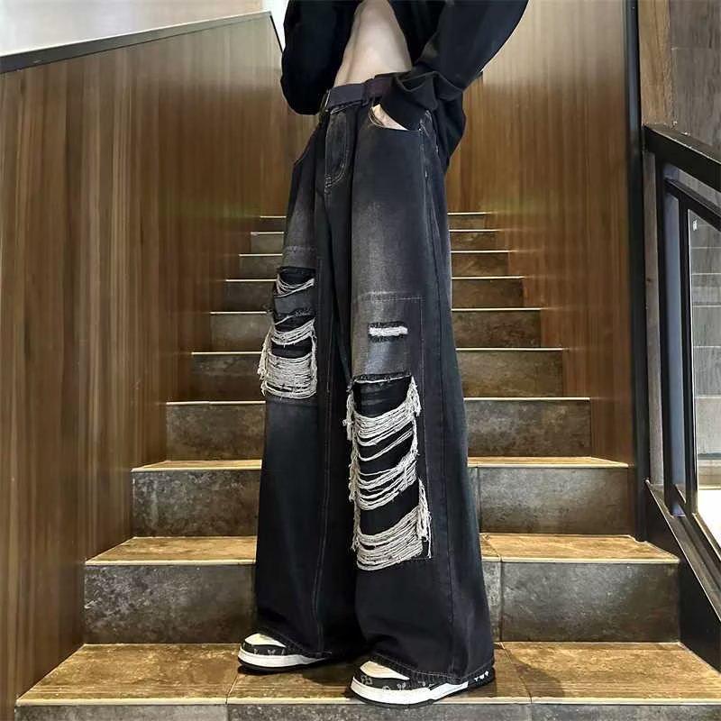 Men's Retro Wide-Leg Ripped Jeans: Spring/Autumn, High Street Casual Trousers