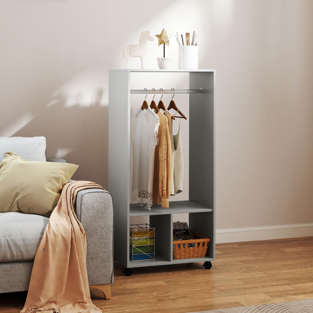 Wardrobe with Shelves, 2 Hanging Niches, 4 Swivel Casters, 60 x 40 x 128 cm, Grey