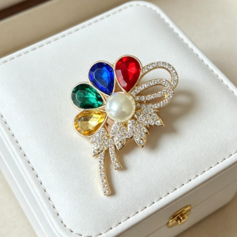 

Fashionable Colorful Flower Brooch For Women Exquisite Plant Pearl Shiny Rhinestone Pins Party Office Wedding Corsage Jewelry onesize