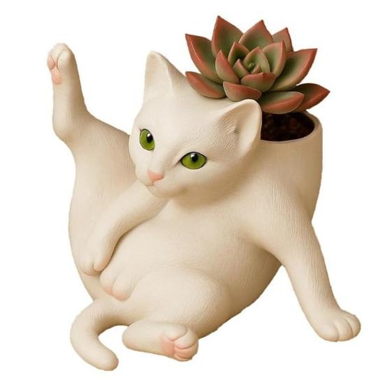 Flower Pot Grooming Cat Shape Planter Pot Stress-Relief Mood Booster Indoor Plant Pot Office Desk Decoration