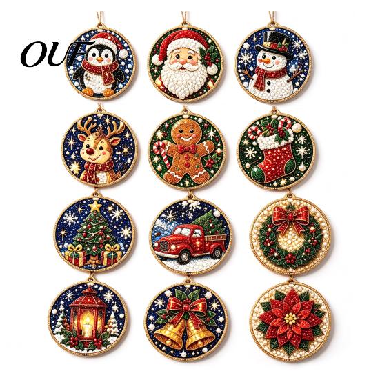Christmas Rhinestone Painting Kits 12Pcs DIY Ornament Kit, Faux Pearl Supplies for Adults Art Hanging Decor Adults, Holiday Tree Wreath Mantel