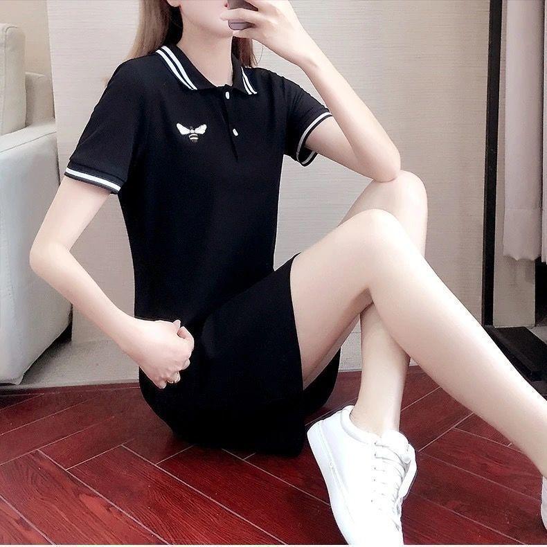 Summer Embroidered Short Sleeve Polo Collar Dress - Women's Loose Plus Size A-line Mid Skirt, College Style Color Block Design