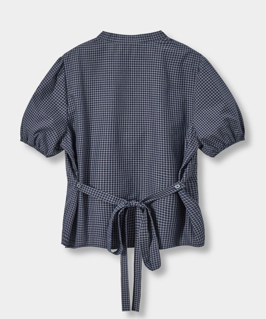 Yujen Soft Tie Button Blouse_Check Navy