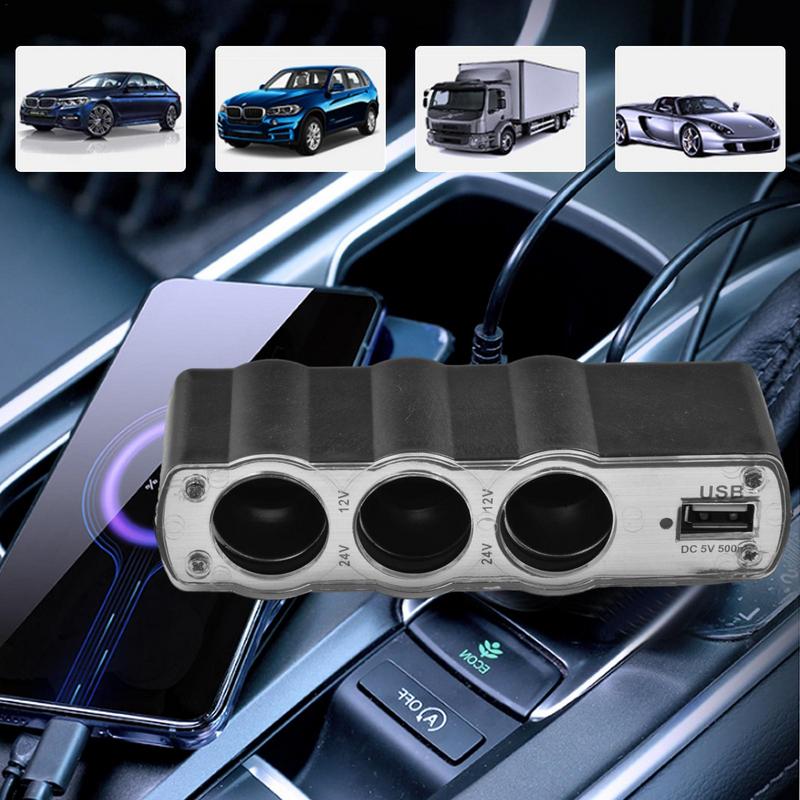 Car Charger Extender 3 Way Triple Car Cigarette Lighter Splitter Car Power DC Outlet Adapter USB Charging Ports Adapter Splitter
