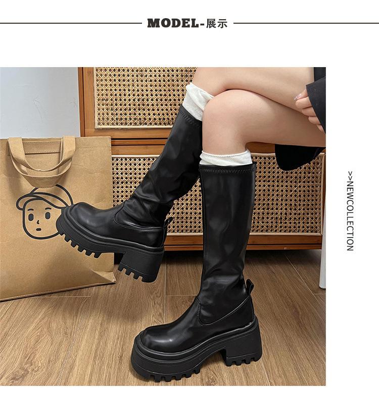 Black tall tube with skirt thick-soled boots women's 2025 new autumn retro slim but knee-length small boots