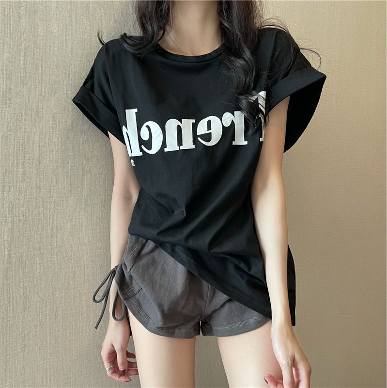 Women Spring Summer Letter Solid Color Short Sleeved T-shirt O-Neck Loose Blouses Pullover Top M-XXL