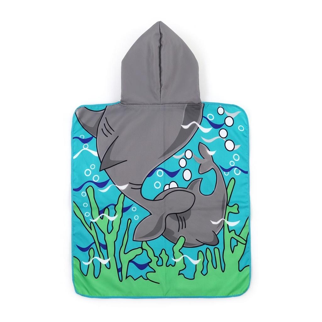 Ocean Adventure Shark Flat Print Hooded Beach Towel Kids Toddler Boy Summer Vacation Beach Pool Poncho Cloak Changing Robe