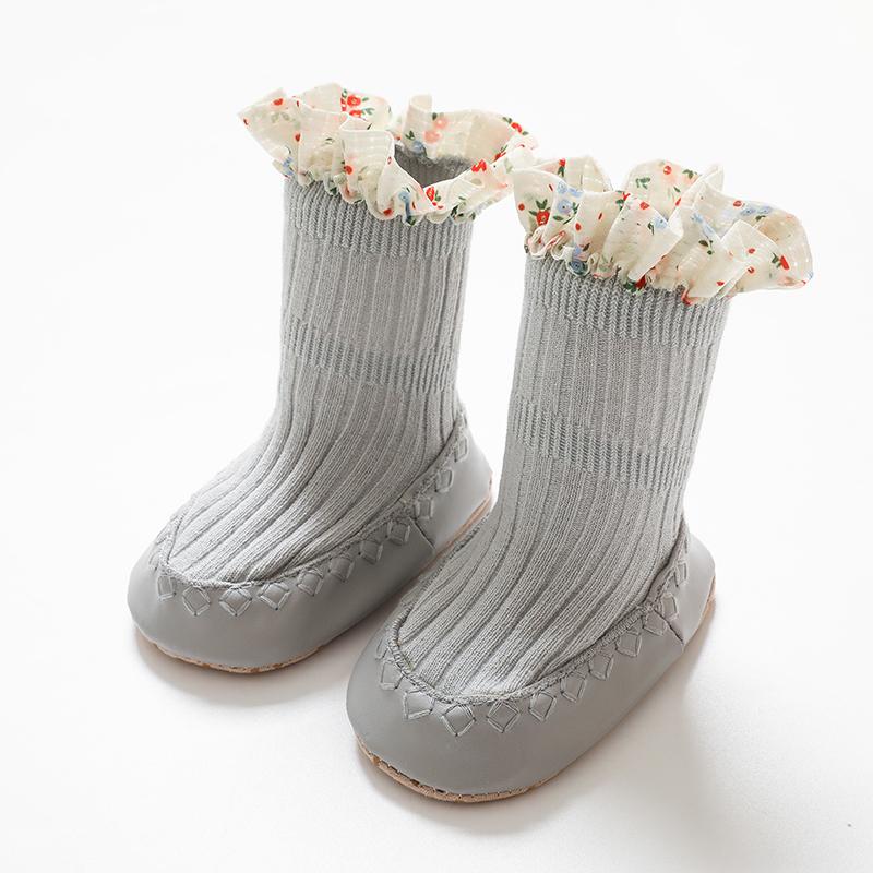 Baby Girls Spring New PU Sole Floor Socks Non-Skid Infant Toddler  Lace Socks Shoes Princess High Quality Cotton Baby Shoes