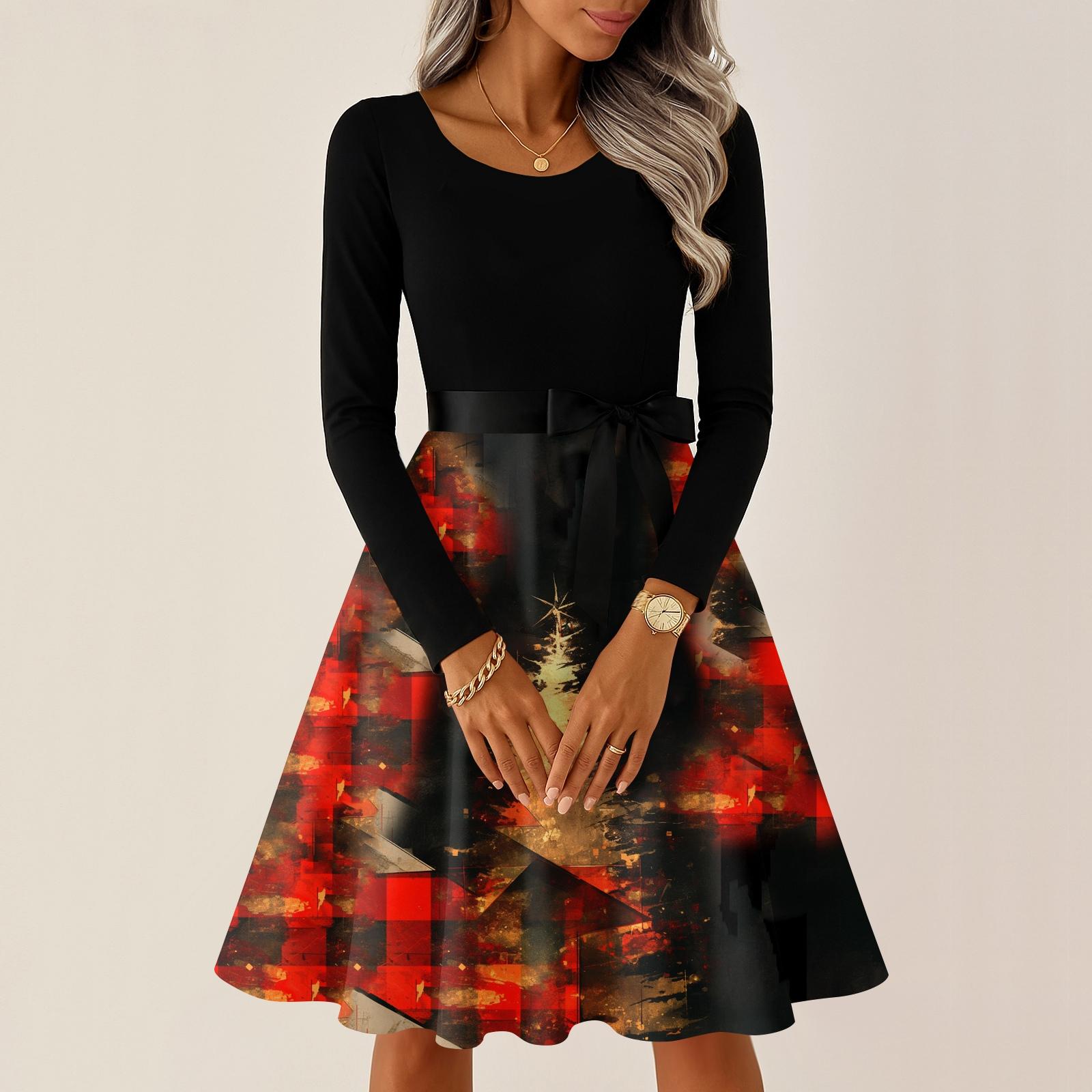 

Женские повседневные модные платья с круглым вырезом, длинным рукавом, рождественским принтом, для вечеринки, винтажные длинные платья M красный