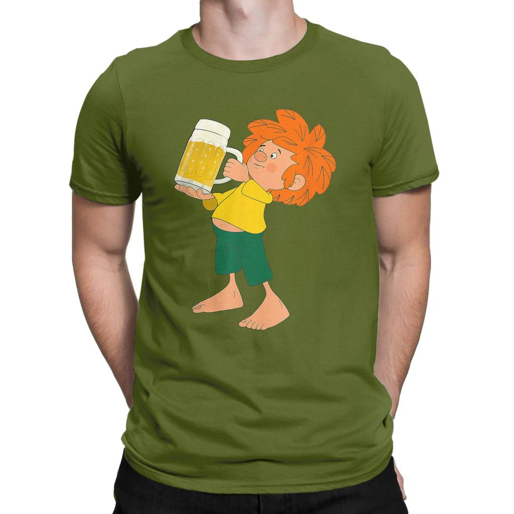 Men T-Shirt Pumuckl Drinks Beer Vintage Pure Cotton Tee Shirt Short Sleeve Anime Cartoon T Shirts Crew Neck Clothing Plus Size