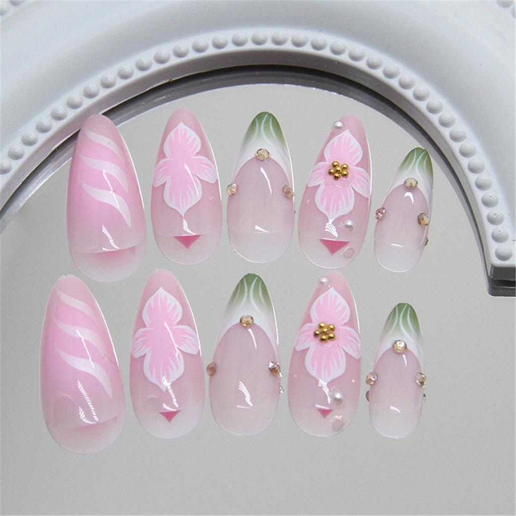Moderiktiga pressnaglar, mandelfärgade självhäftande naglar med franska 3D-blommönster, nageltillbehör, konstnaglar, kontorskläder