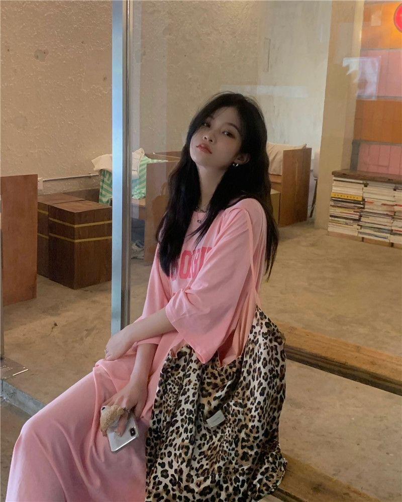 Women's Hong Kong Style Loose Fit Knee-Length T-Shirt Dress - Summer Short Sleeve, Slim Round Neck, Letter Print