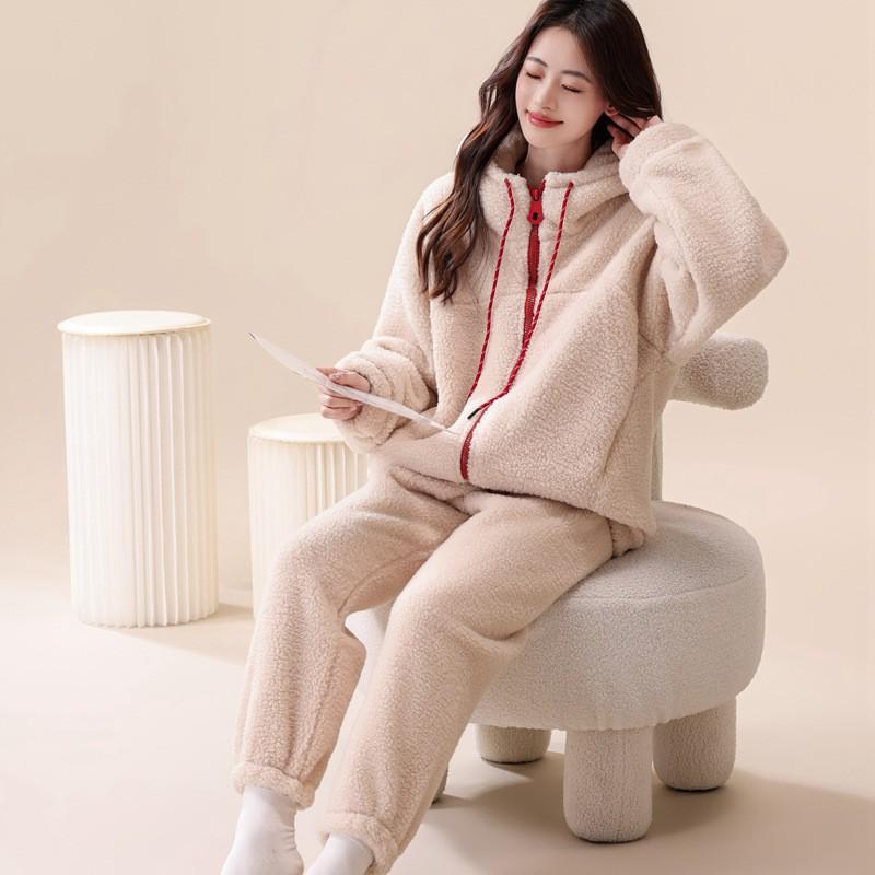 Coral Fleece Pajama Set Thick Double Layer Soft Loungewear Men Women Winter Homewear