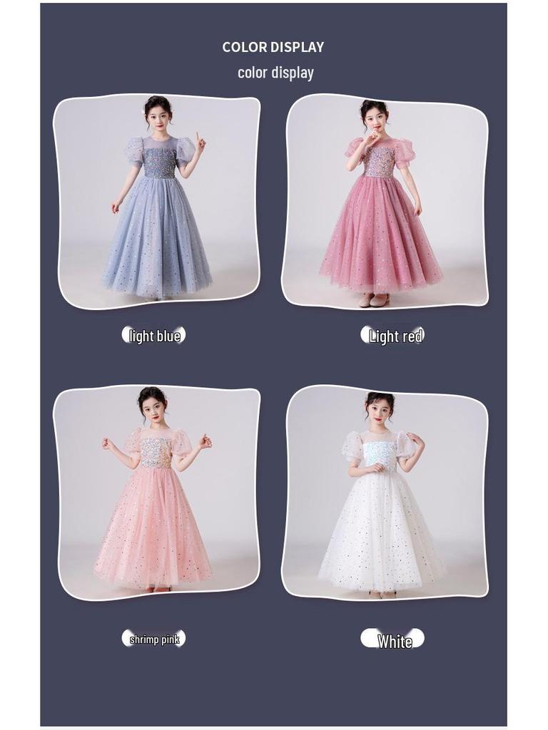Girls' Sequin Puff Sleeve Princess Dress - Long Mesh Flower Girl Wedding Summer Formal Attire