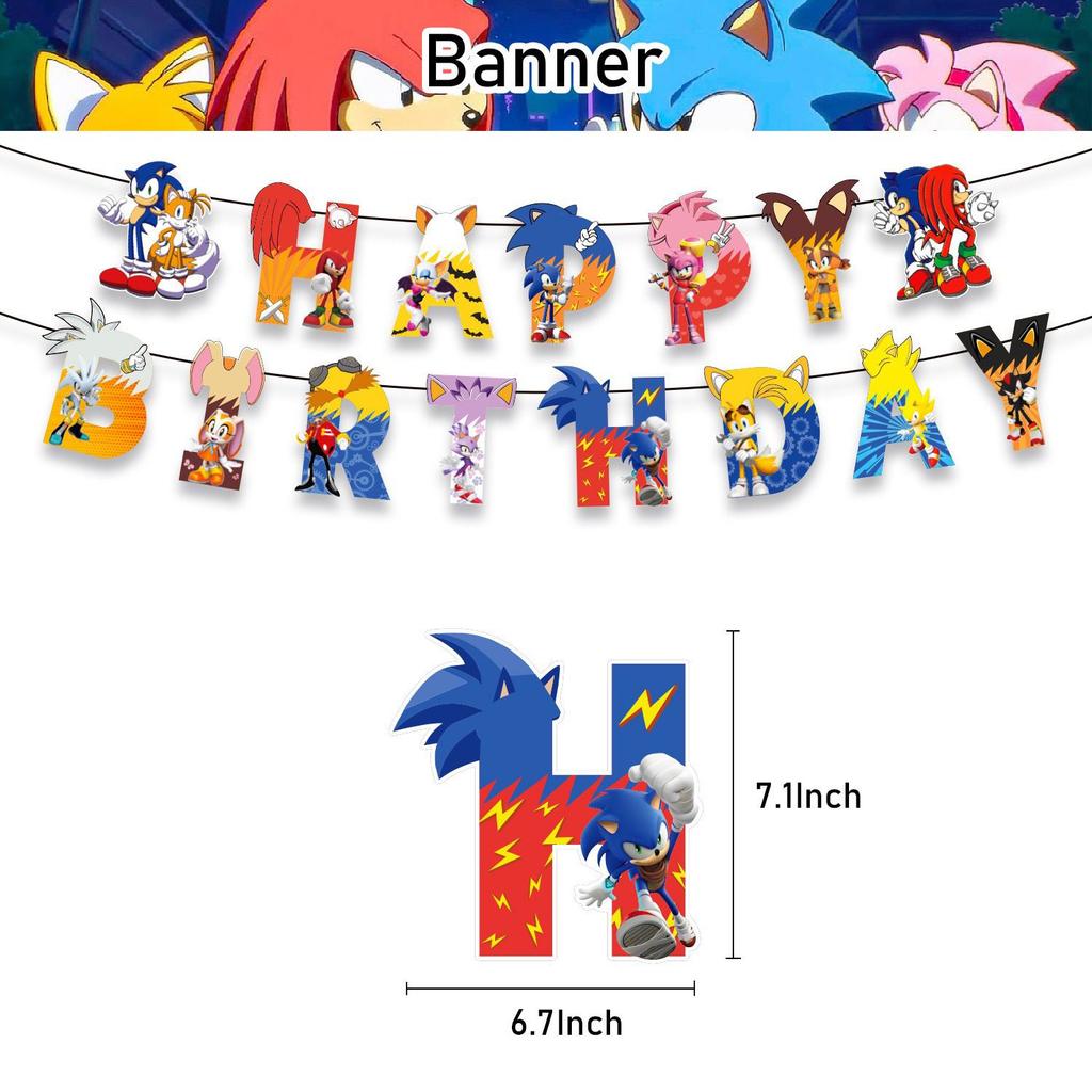 Sonic the Hedgehog-Themed Birthday Party Decoration Set: Children's Birthday Banner, Cake Topper, and Balloon Set