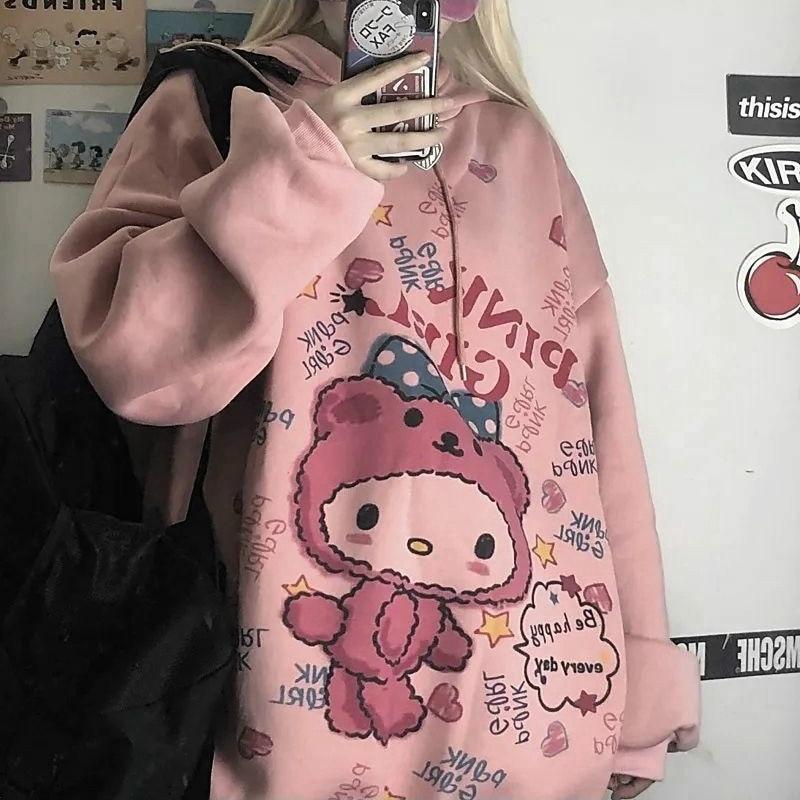 Felpa con cappuccio Kawaii Harajuku per donna Felpa coreana Felpa con stampa Anime Vintage Rosa Felpa con cappuccio oversize Vestiti carini Top per ragazze