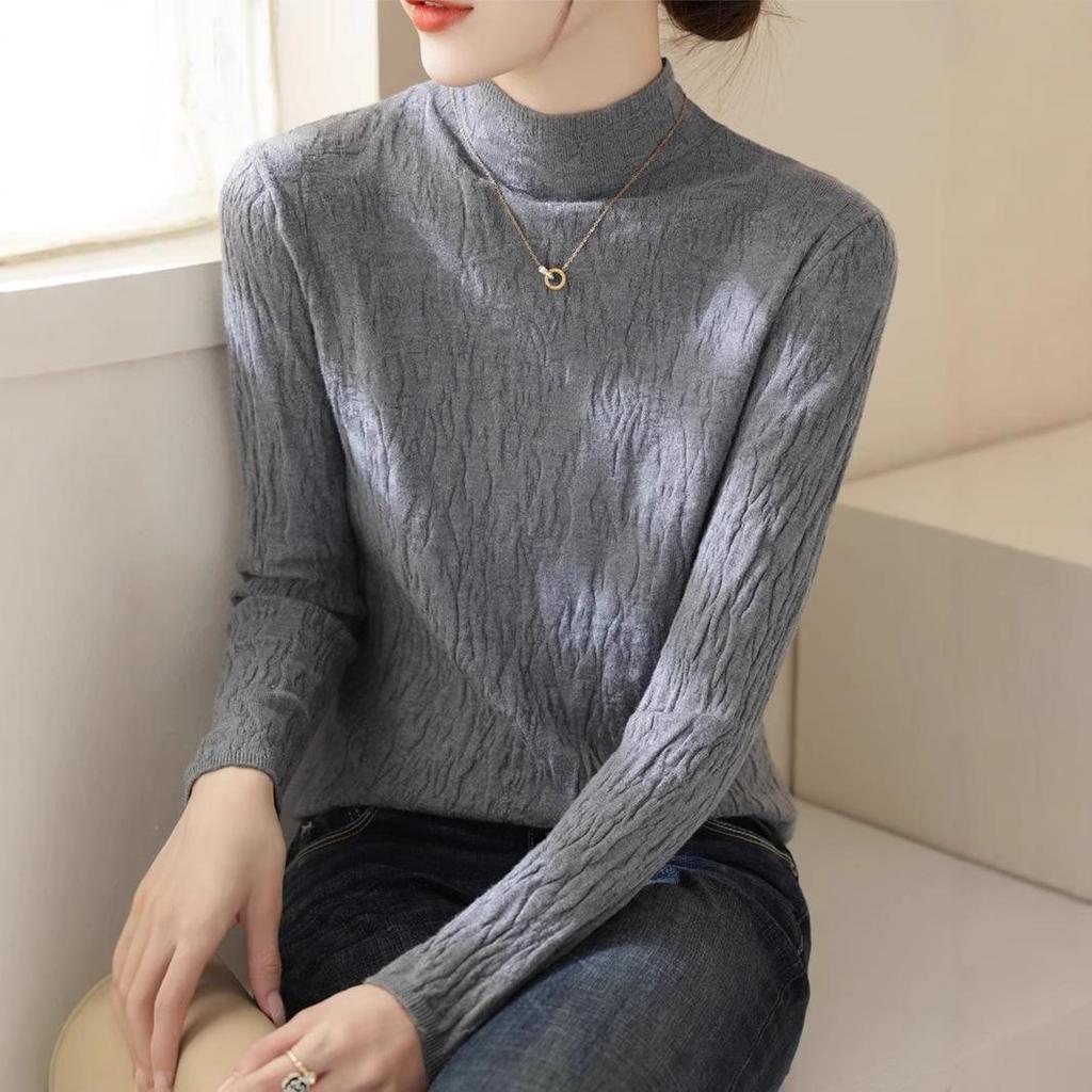 Women's High-Quality Textured Winter Sweater with Half-High Collar and Long Sleeves