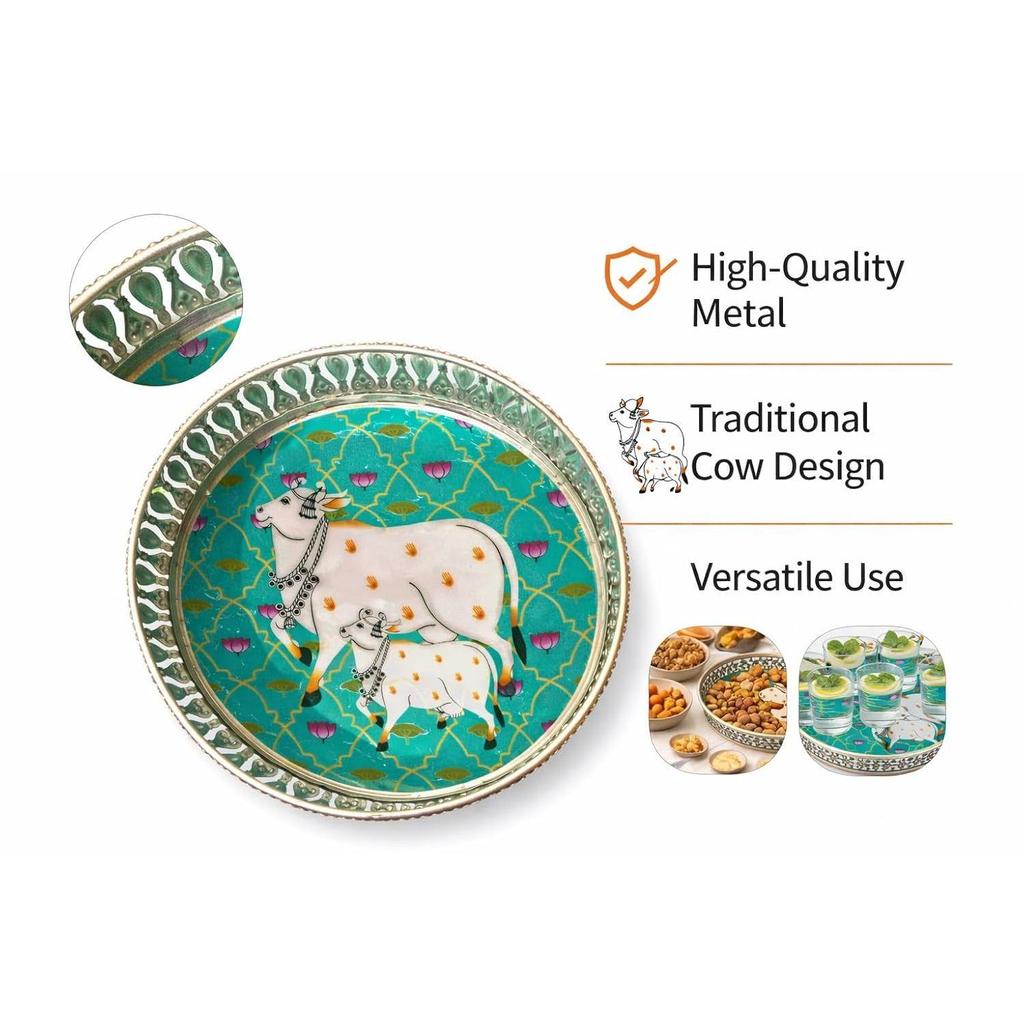 Handcrafted German Silver Pichwai Cow Design Tray 8 Inch | Round Pooja Thali | Decorative Serving Tray
