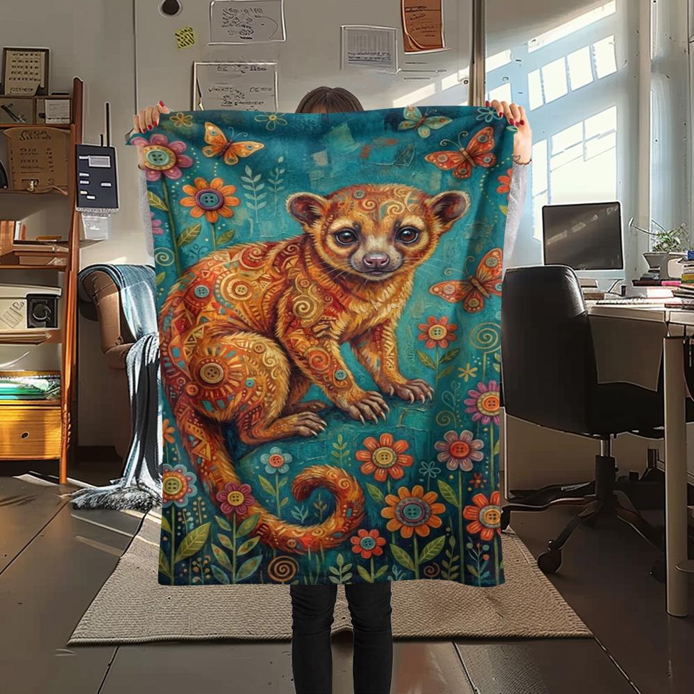 1PC Bohemian Kinkajou Art Print FlAannel Blanket, High quality Comfortable for All Seasons, Home Decor, Warmth and Comfort