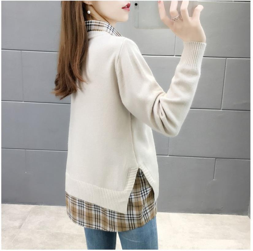 Spring and Autumn Lapel Women's Loose Lazy Style Stitching Fake Two-piece Pullover Sweater Bottoming