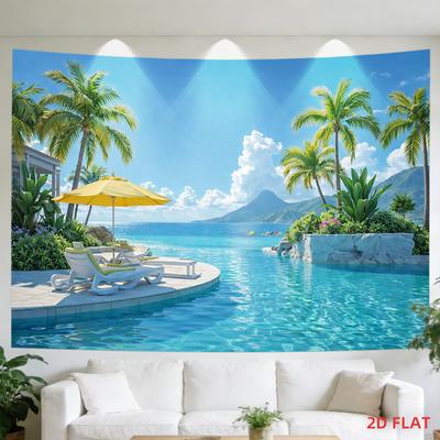 Tropical Beach Mural Tapestry Print Wall Hanging Decor Polyester Curtain Indoor Outdoor Poolside Resort Style Home Decoration Gi