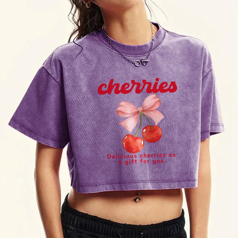 Cherries Bow Cartoon Prints Crop Tee Shirt Women Washed Casual T Shirts Cotton Top Summer Hip Hop Female Short Sleeve
