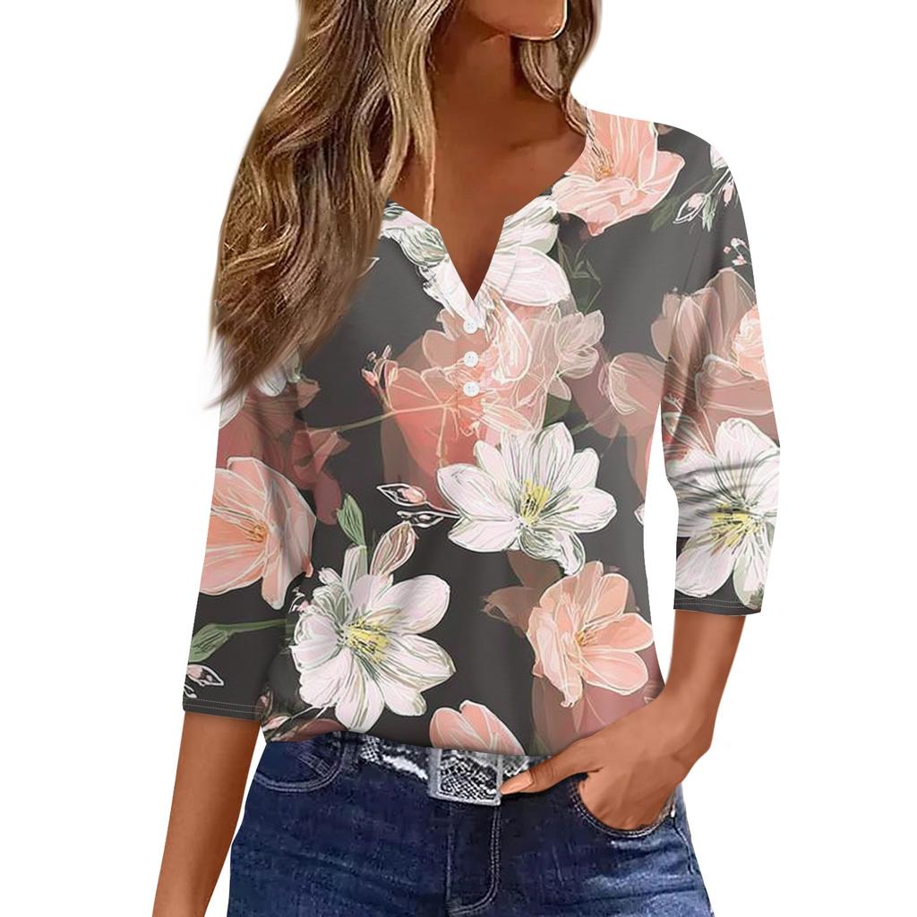 Women's Fashion Casual Floral Print V-Neck Decorative Button Three-quarter Sleeve T-Shirt Top